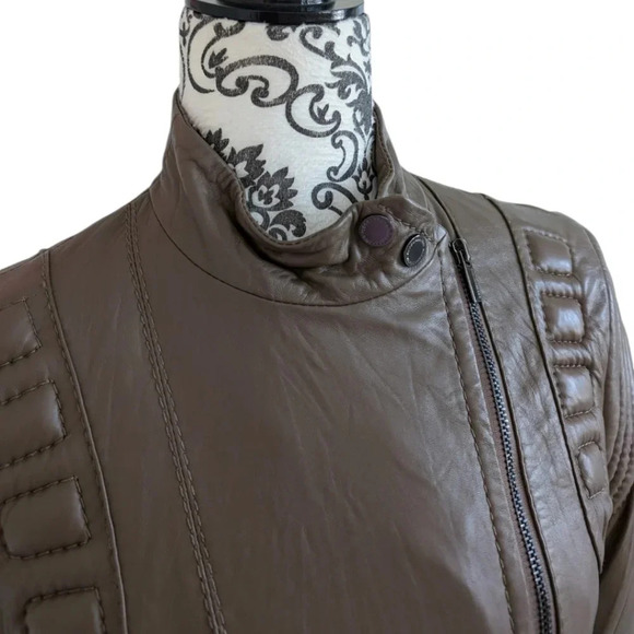 BCBGMaxazria Leather Jacket Tart Taupe Light Brown Moto Crop Women's Extra Small - Picture 6 of 13